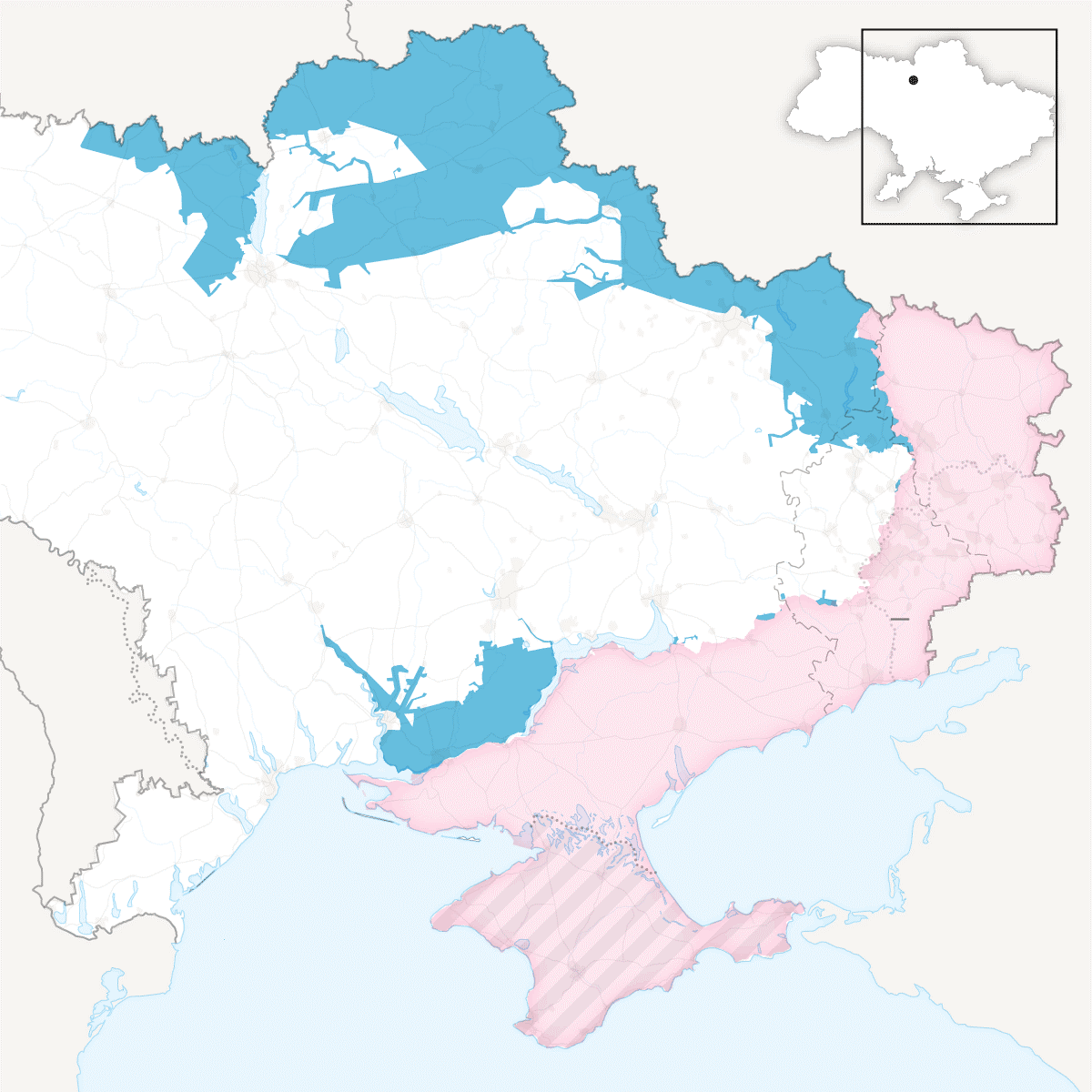 2) Οι τελευταίες εξελίξεις στις 13/11/2022 . Η Ρωσία φαίνεται ο περιορίζεται στα ζωτικά γι' αυτήν εδάφη. Με μπλε εικονίζονται τα εδάφη που επανακατέλαβαν οι Ουκρανοί και με κόκκινο αυτά που κατείχαν οι Ρωσικές δυνάμεις.